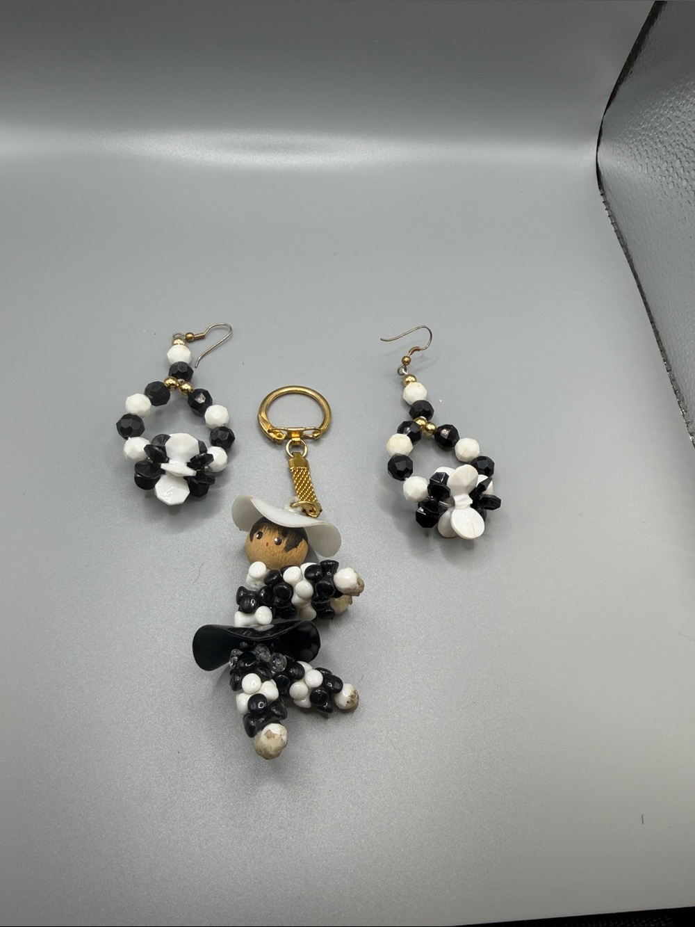 Black & White Beaded Cowboy Doll Keychain with Matching Earrings